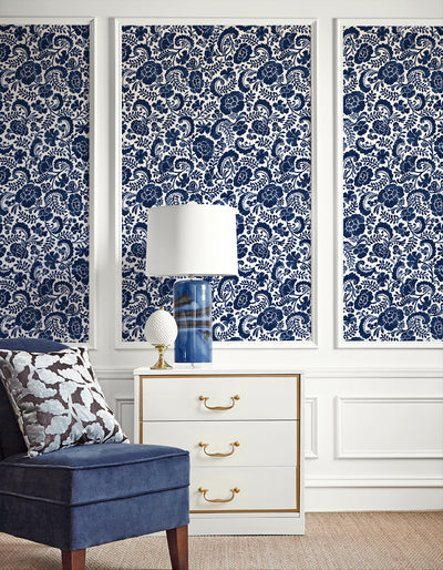 product image for Tonal Paisley Peel-and-Stick Wallpaper in Navy 14