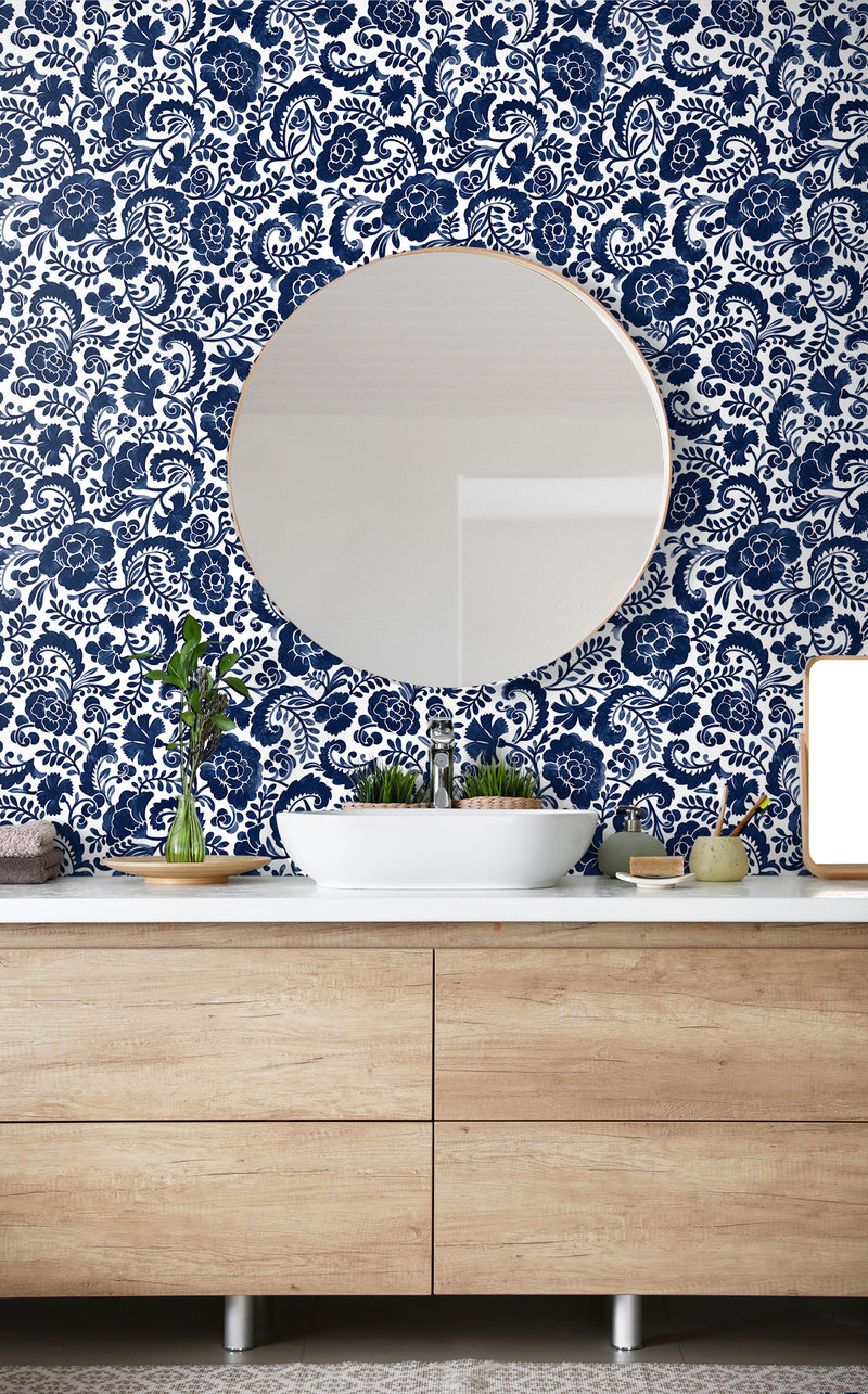 media image for Tonal Paisley Peel-and-Stick Wallpaper in Navy 229