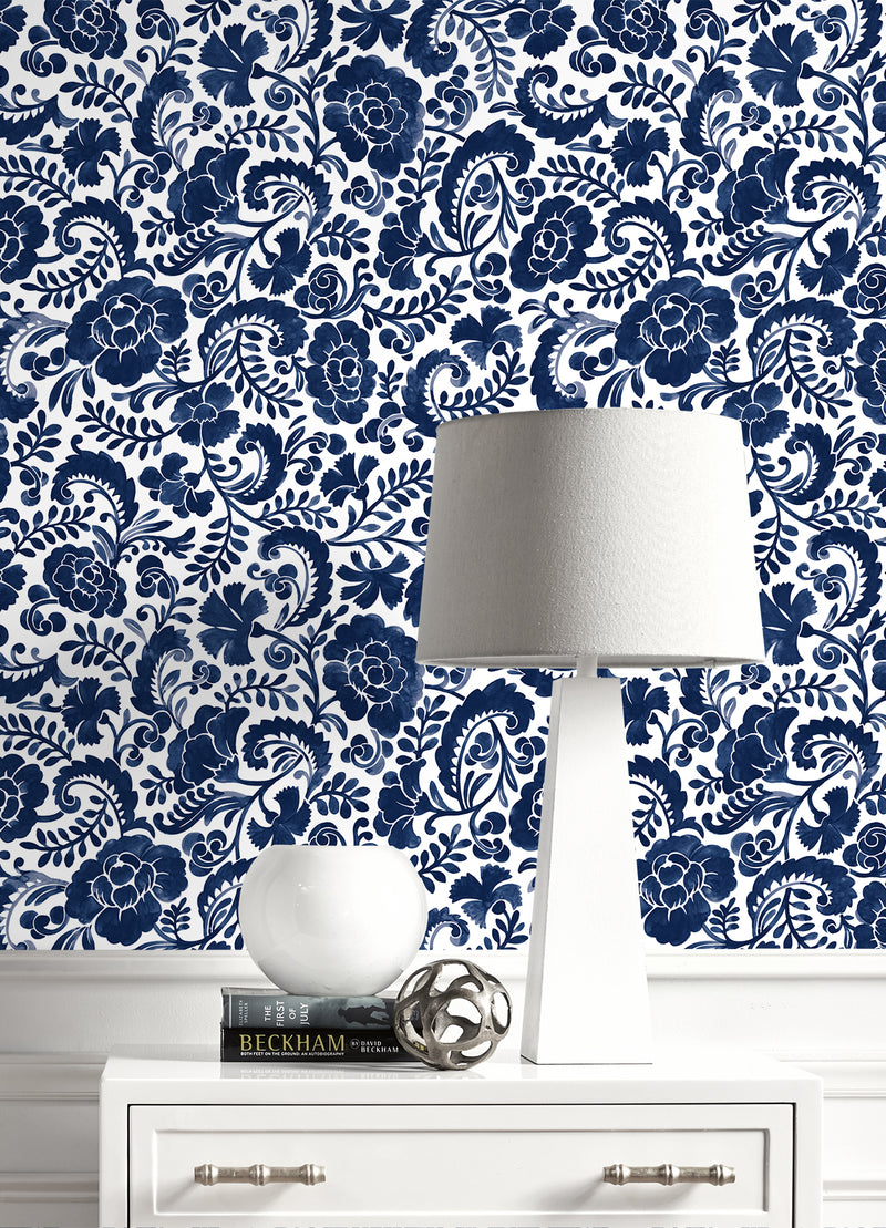 media image for Tonal Paisley Peel-and-Stick Wallpaper in Navy 25