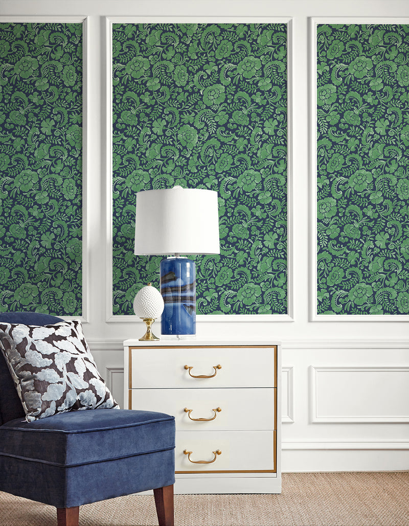 media image for Tonal Paisley Peel-and-Stick Wallpaper in Spearmint & Navy 212