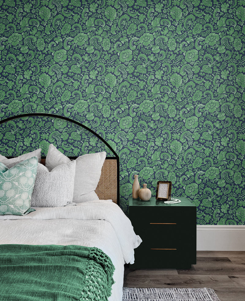 media image for Tonal Paisley Peel-and-Stick Wallpaper in Spearmint & Navy 265