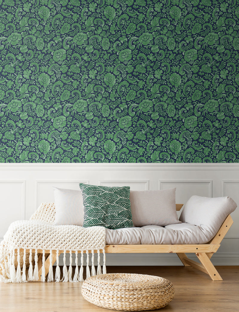 media image for Tonal Paisley Peel-and-Stick Wallpaper in Spearmint & Navy 231