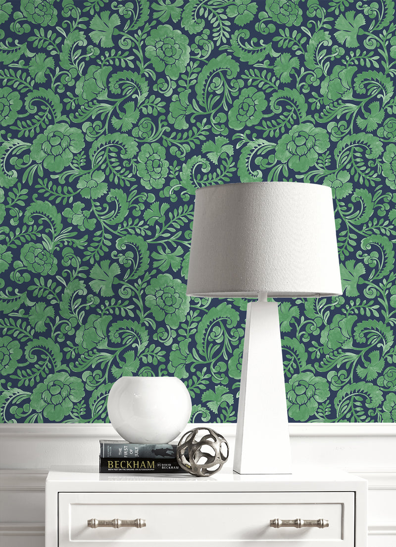 media image for Tonal Paisley Peel-and-Stick Wallpaper in Spearmint & Navy 295