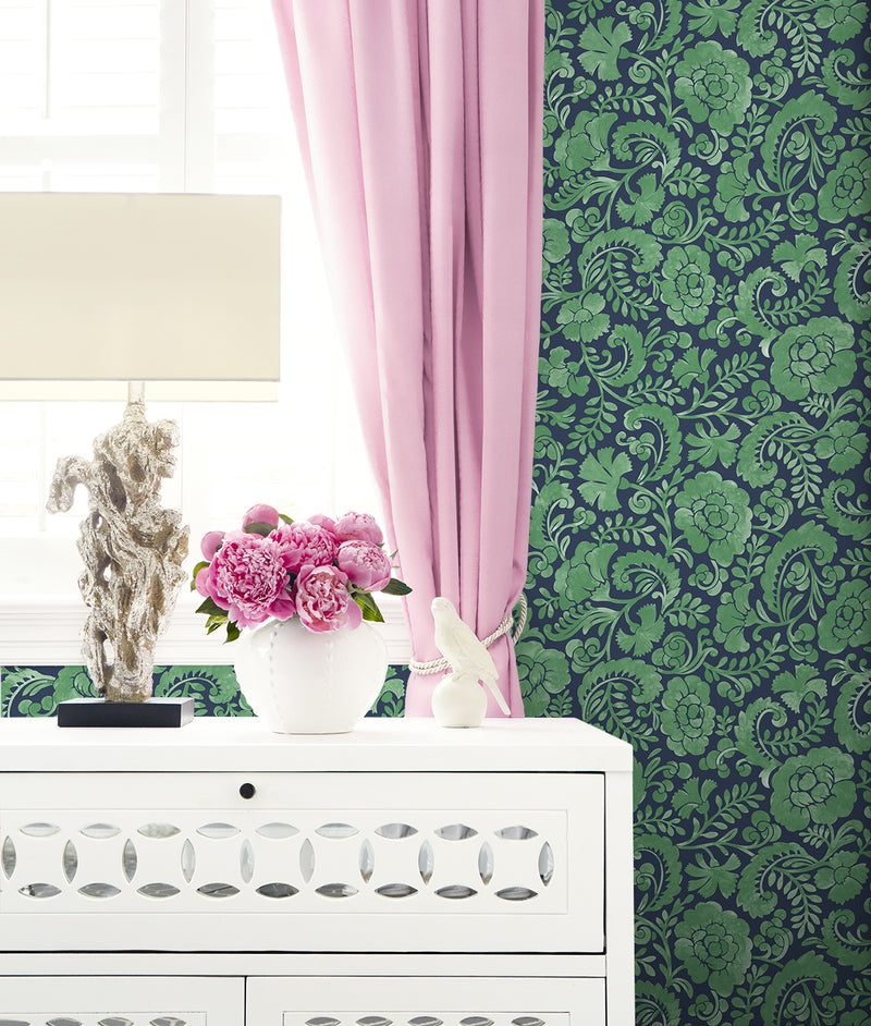 media image for Tonal Paisley Peel-and-Stick Wallpaper in Spearmint & Navy 216