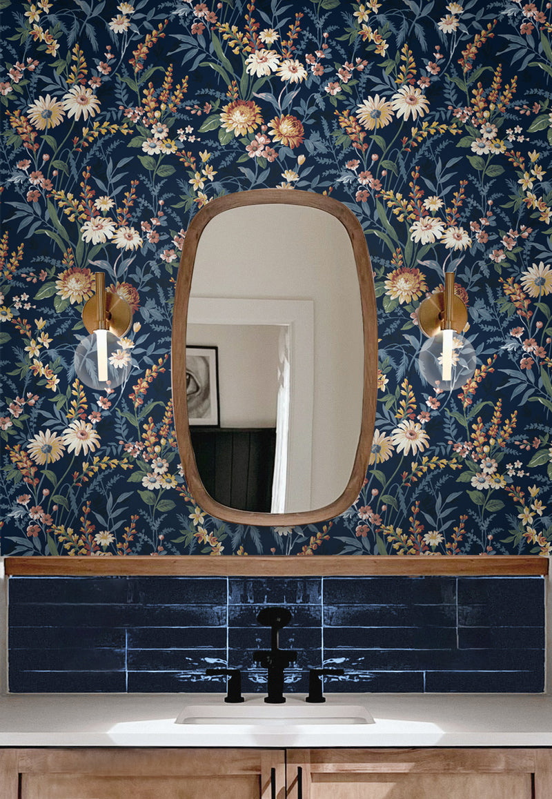 media image for Vintage Floral Peel-and-Stick Wallpaper in Navy Blue 243