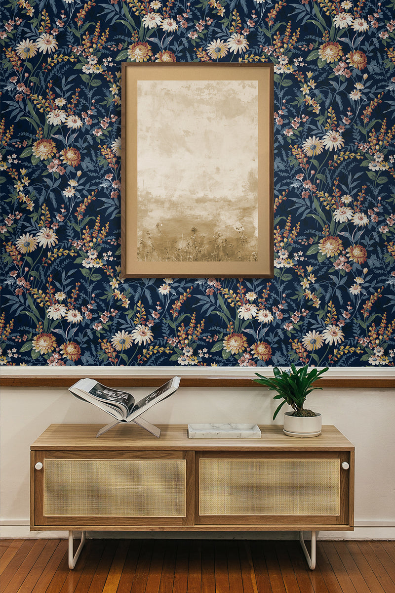 media image for Vintage Floral Peel-and-Stick Wallpaper in Navy Blue 277