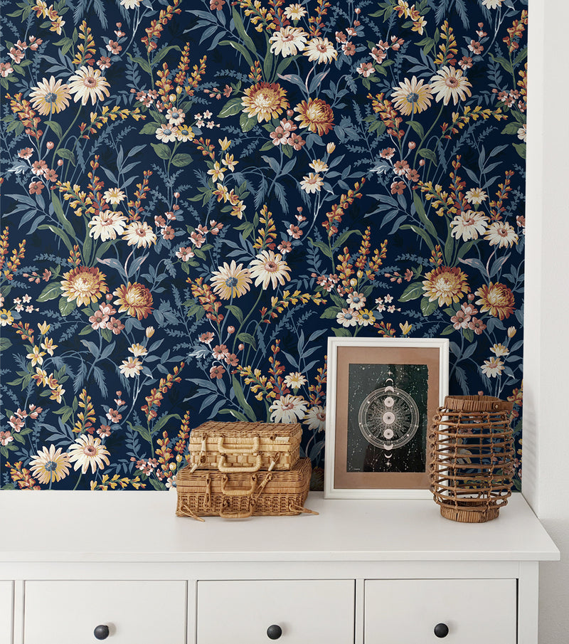 media image for Vintage Floral Peel-and-Stick Wallpaper in Navy Blue 267