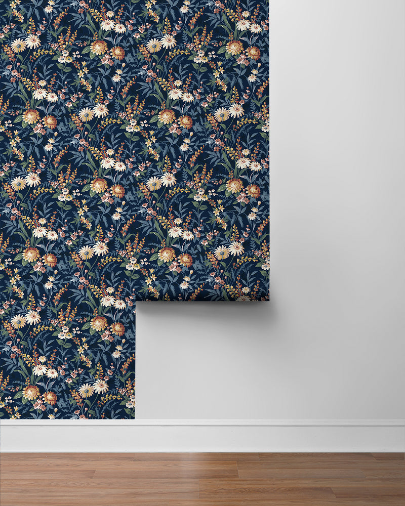 media image for Vintage Floral Peel-and-Stick Wallpaper in Navy Blue 210