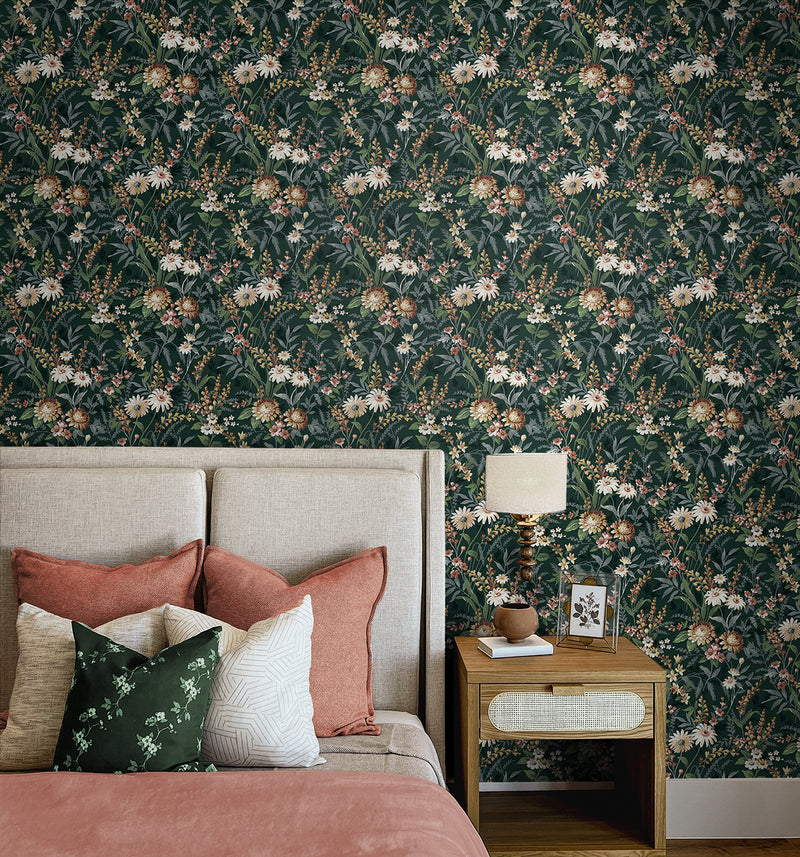media image for Vintage Floral Peel-and-Stick Wallpaper in Forest Green 225