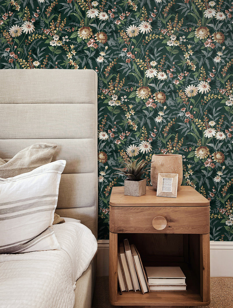 media image for Vintage Floral Peel-and-Stick Wallpaper in Forest Green 294