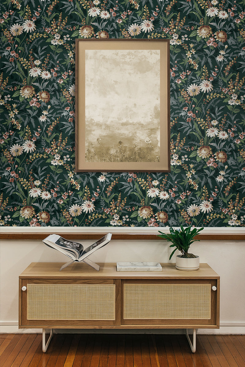 media image for Vintage Floral Peel-and-Stick Wallpaper in Forest Green 212