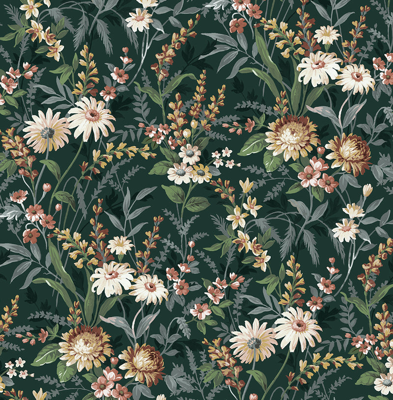 media image for Vintage Floral Peel-and-Stick Wallpaper in Forest Green 261