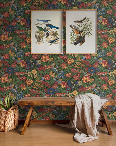 product image for Bird Floral Peel-and-Stick Wallpaper in Carmine & Blue Lagoon 53