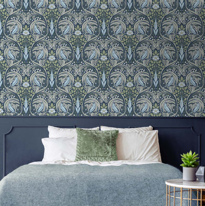 product image for Bird Ogee Peel-and-Stick Wallpaper in Navy & Fern Green 85
