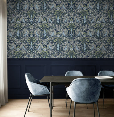 product image for Bird Ogee Peel-and-Stick Wallpaper in Navy & Fern Green 3