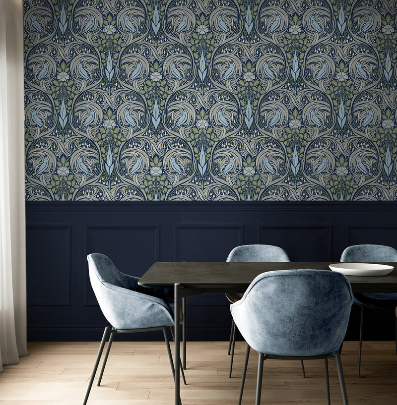 media image for Bird Ogee Peel-and-Stick Wallpaper in Navy & Fern Green 250