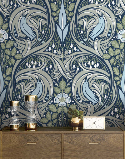 product image for Bird Ogee Peel-and-Stick Wallpaper in Navy & Fern Green 27