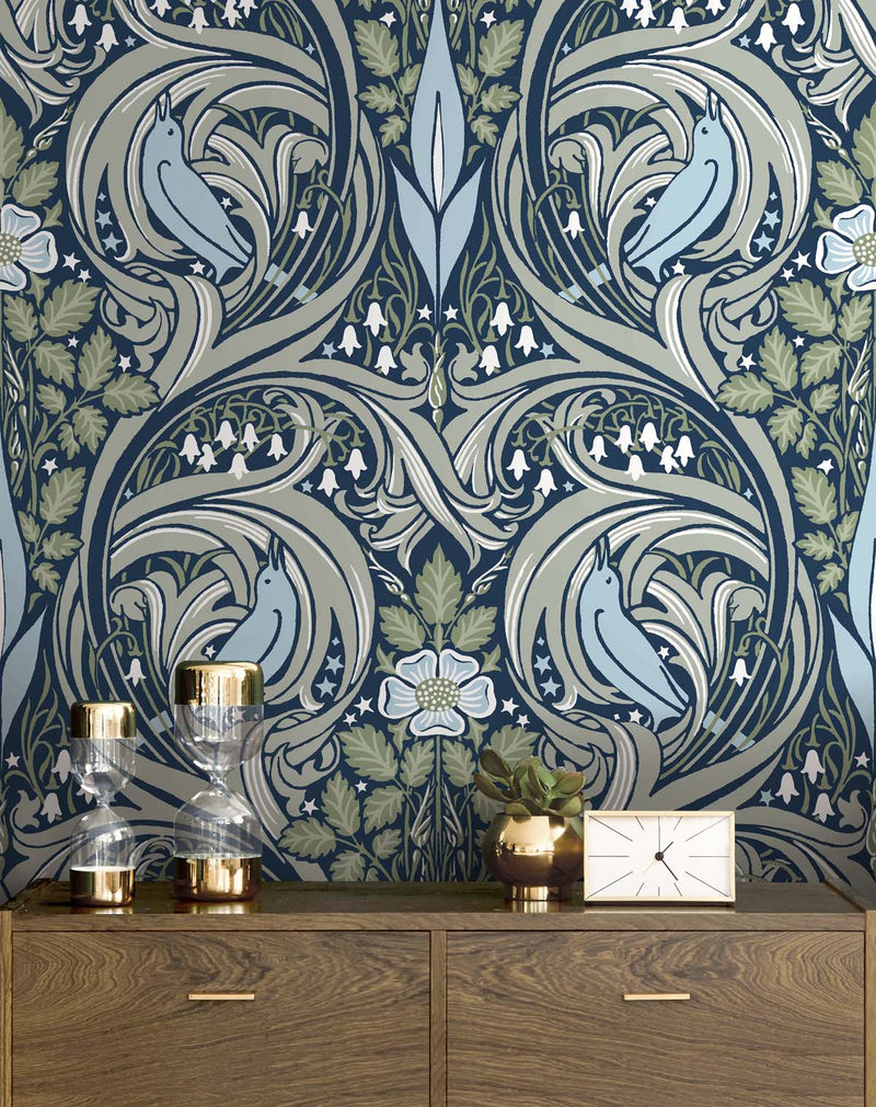 media image for Bird Ogee Peel-and-Stick Wallpaper in Navy & Fern Green 221