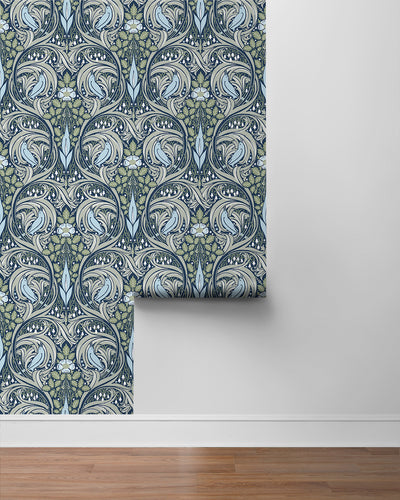 product image for Bird Ogee Peel-and-Stick Wallpaper in Navy & Fern Green 93