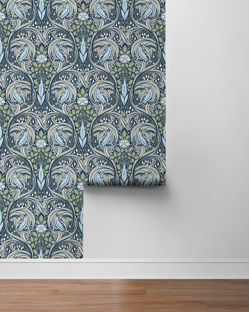 media image for Bird Ogee Peel-and-Stick Wallpaper in Navy & Fern Green 218