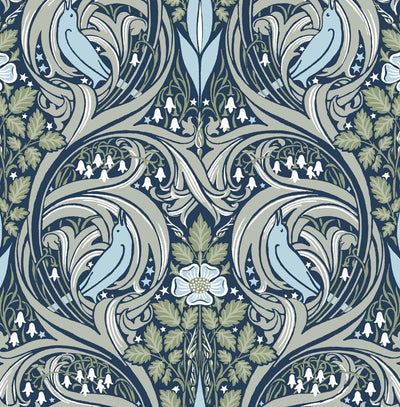 product image for Bird Ogee Peel-and-Stick Wallpaper in Navy & Fern Green 43