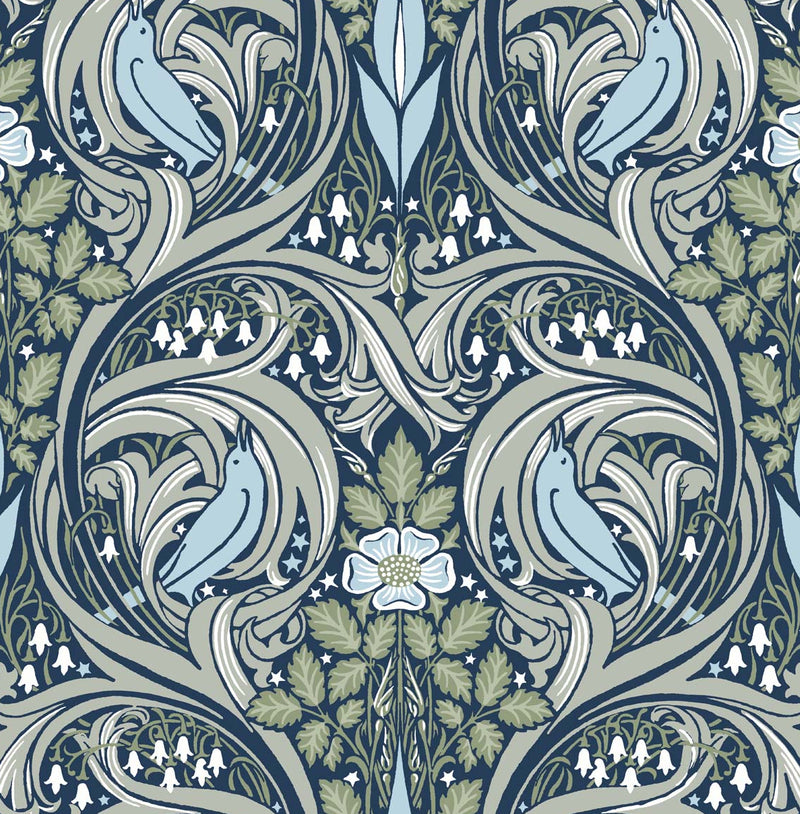 media image for Bird Ogee Peel-and-Stick Wallpaper in Navy & Fern Green 296