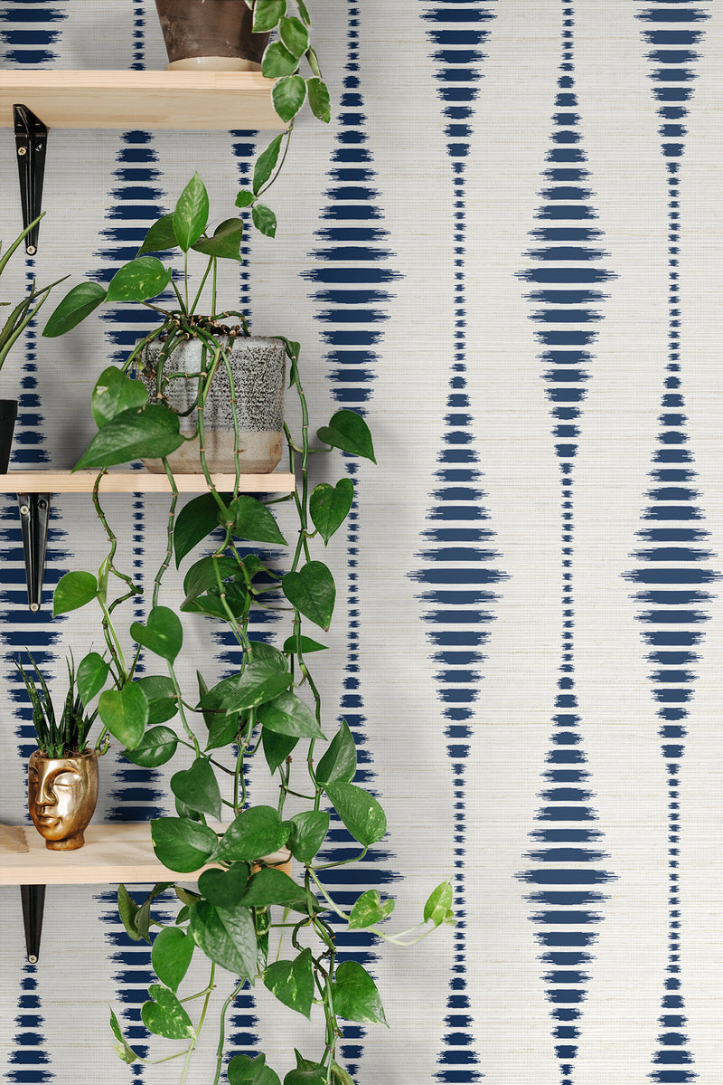 media image for Striped Ikat Peel-and-Stick Wallpaper in Navy Blue & Linen 276