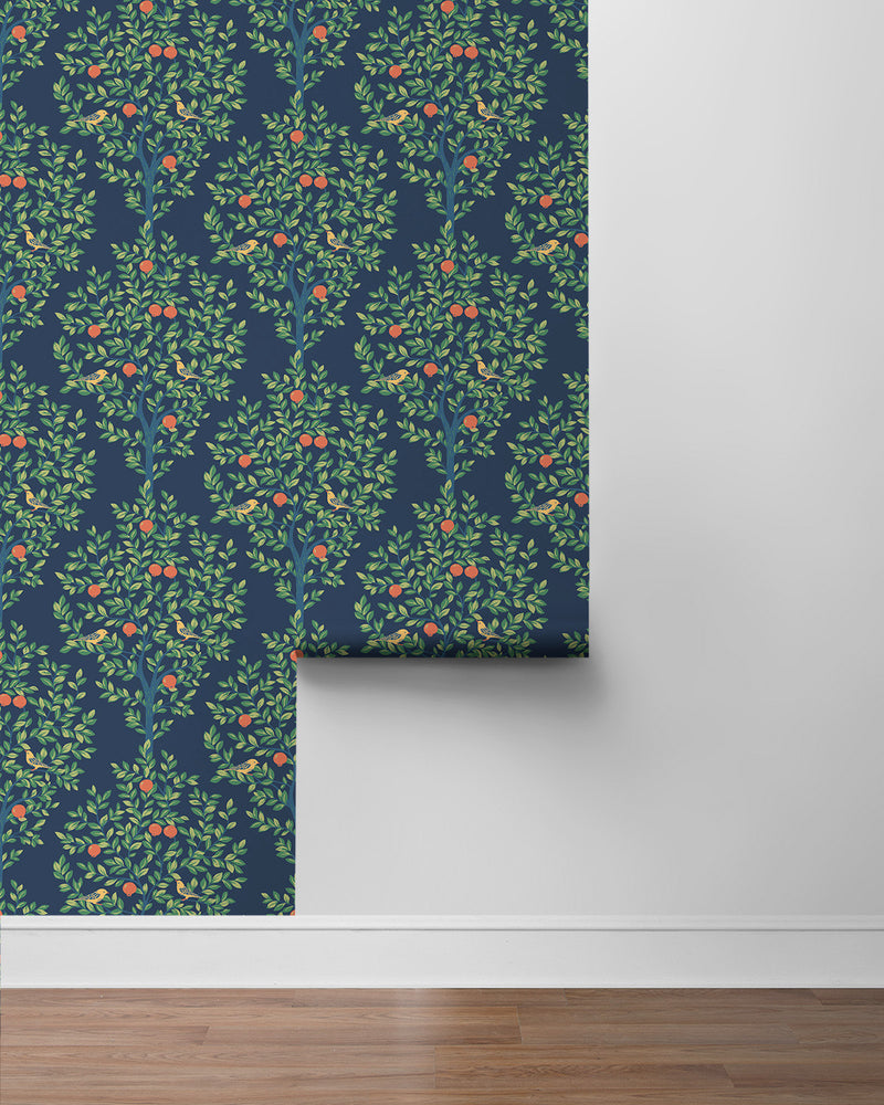 media image for Fruit Tree Peel-and-Stick Wallpaper in Navy Blue & Greenery 253