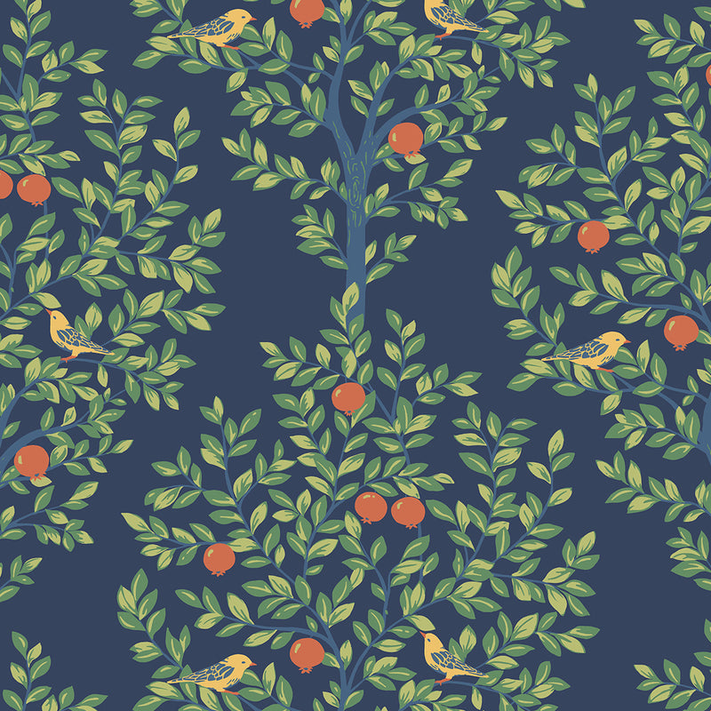 media image for Fruit Tree Peel-and-Stick Wallpaper in Navy Blue & Greenery 246