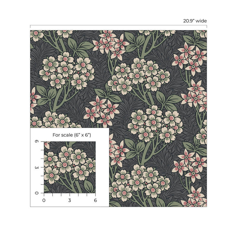 media image for Floral Vine Peel & Stick Wallpaper in Smoke & Laurel Green 278