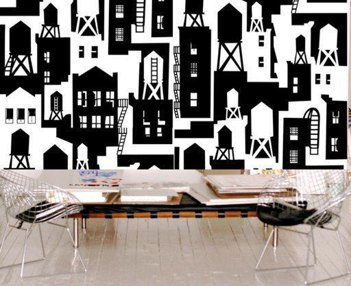 media image for New York City Watertowers Wallpaper in Black & White design by Tom Slaughter for Cavern Home 257