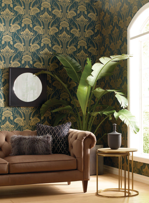 media image for Nouveau Damask Wallpaper in Green and Gold from the Deco Collection by Antonina Vella for York Wallcoverings 289