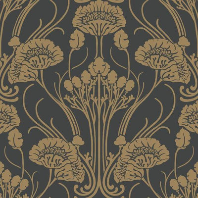 product image of Nouveau Damask Wallpaper in Black and Gold from the Deco Collection by Antonina Vella for York Wallcoverings 528