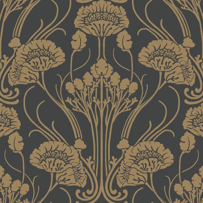 media image for Nouveau Damask Wallpaper in Black and Gold from the Deco Collection by Antonina Vella for York Wallcoverings 241