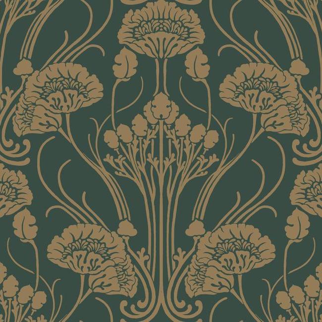 media image for Nouveau Damask Wallpaper in Green and Gold from the Deco Collection by Antonina Vella for York Wallcoverings 262