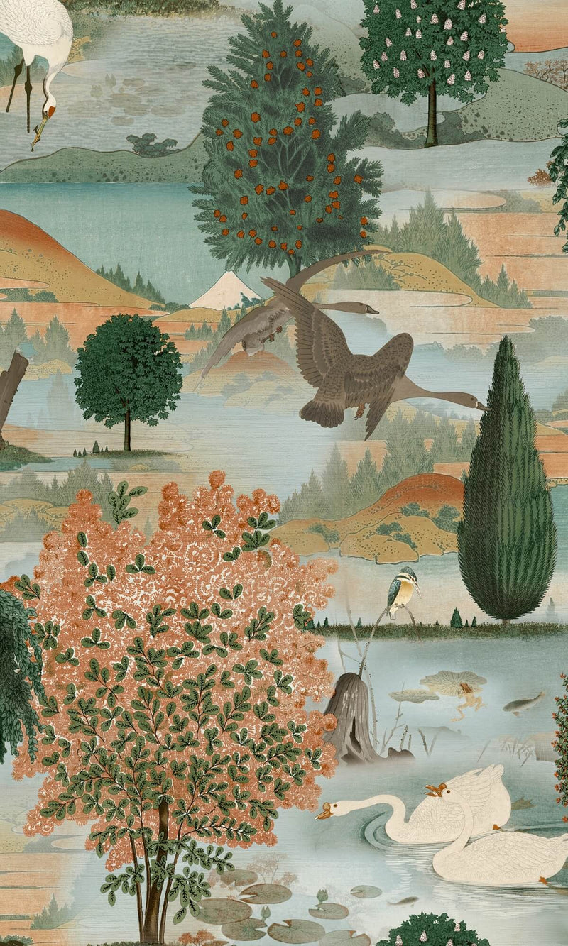 media image for Blissful Lake Nature Wallpaper in Orange/Green 261