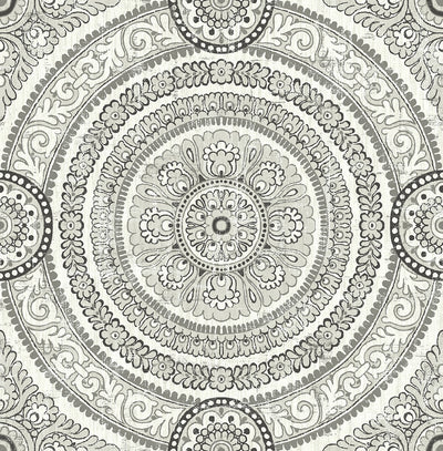product image of Ornate Round Tile Wallpaper in Silver from the Caspia Collection by Wallquest 528