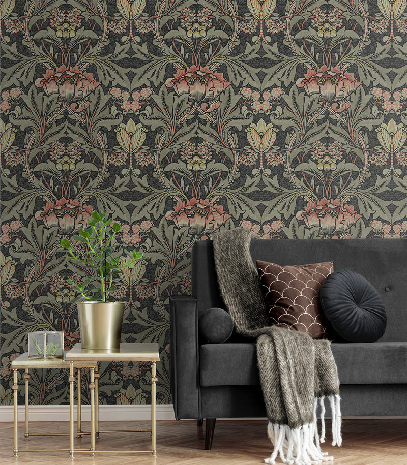 media image for Acanthus Floral Prepasted Wallpaper Charcoal & Rosewood by Seabrook 218