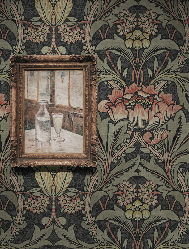 media image for Acanthus Floral Prepasted Wallpaper Charcoal & Rosewood by Seabrook 235