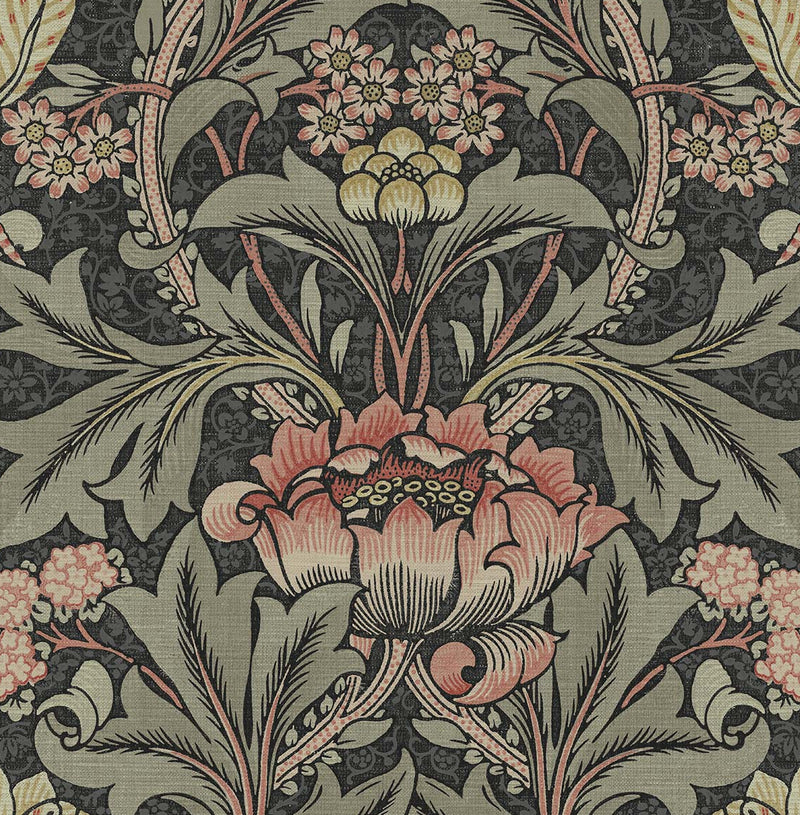 media image for Acanthus Floral Prepasted Wallpaper Charcoal & Rosewood by Seabrook 253