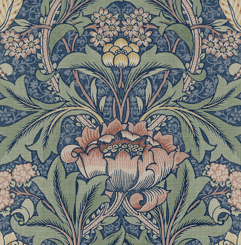 media image for Acanthus Floral Prepasted Wallpaper Denim Blue & Salmon by Seabrook 257