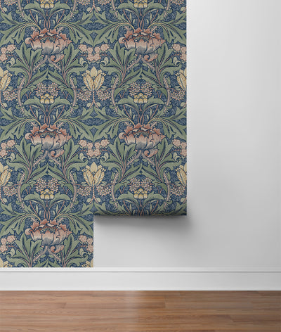 product image for Acanthus Floral Prepasted Wallpaper Denim Blue & Salmon by Seabrook 58