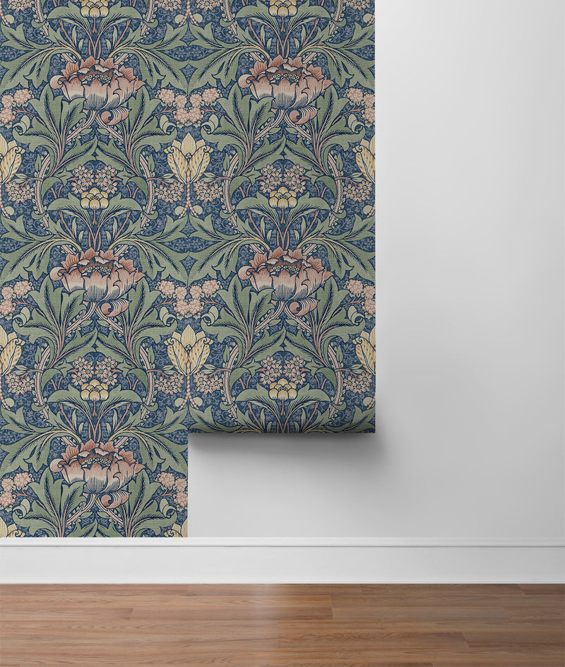 media image for Acanthus Floral Prepasted Wallpaper Denim Blue & Salmon by Seabrook 288