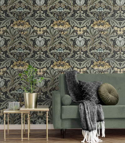product image for Acanthus Floral Prepasted Wallpaper in Charcoal & Goldenrod 95