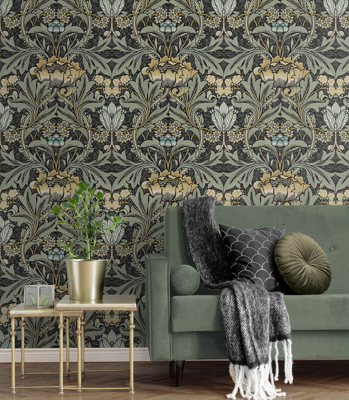 media image for Acanthus Floral Prepasted Wallpaper in Charcoal & Goldenrod 246