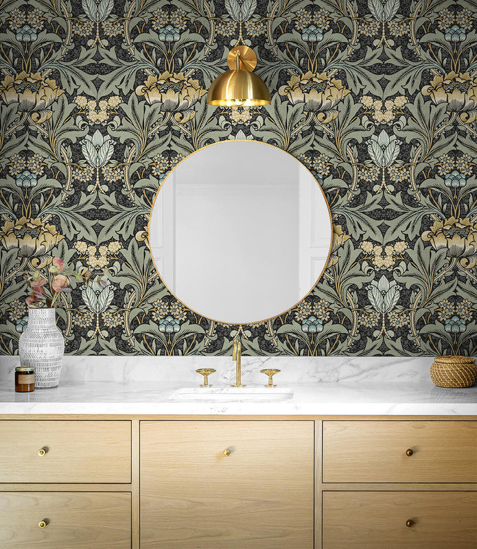 media image for Acanthus Floral Prepasted Wallpaper in Charcoal & Goldenrod 28
