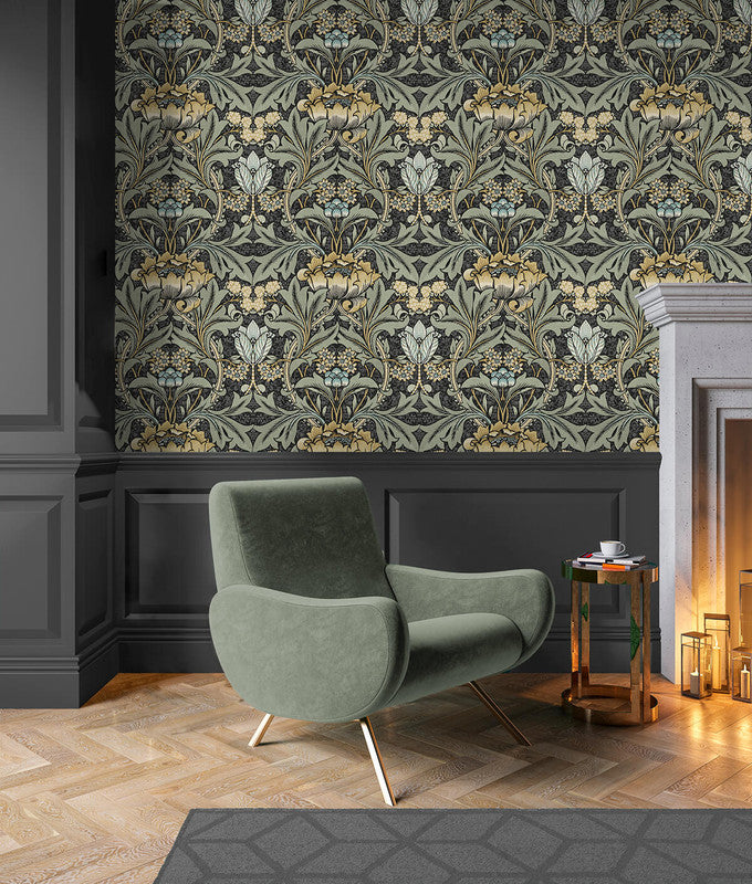 media image for Acanthus Floral Prepasted Wallpaper in Charcoal & Goldenrod 283