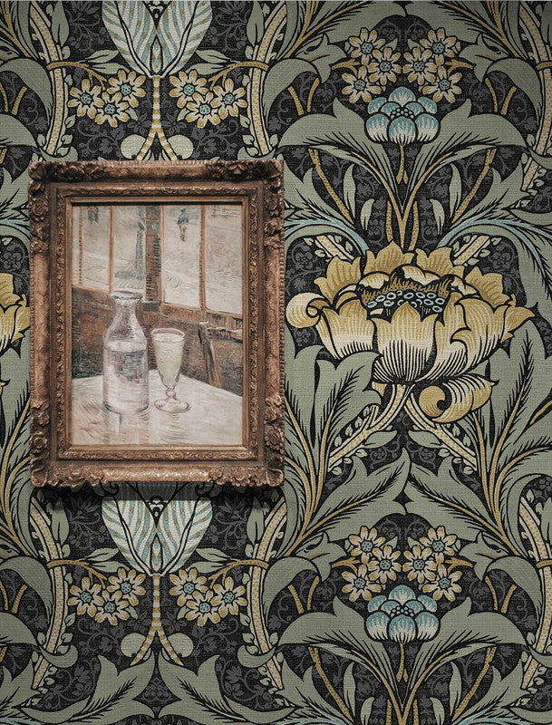 media image for Acanthus Floral Prepasted Wallpaper in Charcoal & Goldenrod 215
