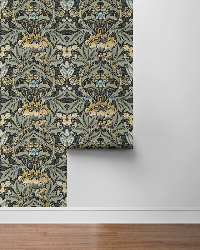 media image for Acanthus Floral Prepasted Wallpaper in Charcoal & Goldenrod 278