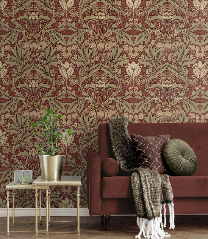 media image for Acanthus Floral Prepasted Wallpaper in Red Clay & Lichen 298